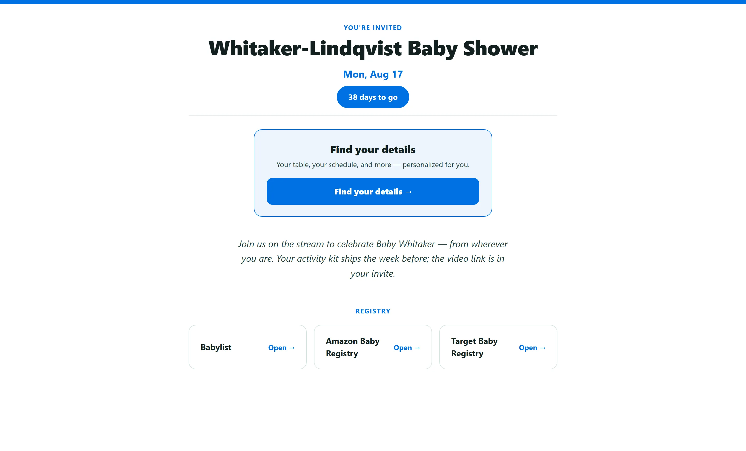 Baby shower page guests open to RSVP — no app needed