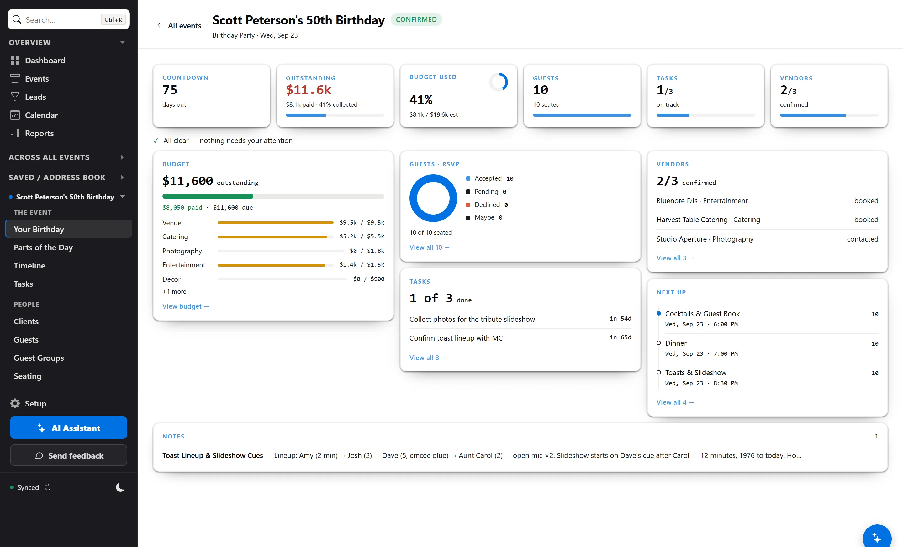 The PlanFlow milestone birthday cockpit — 75-day countdown, 10 of 10 seated, the budget half collected, and the toast lineup note pinned at the bottom