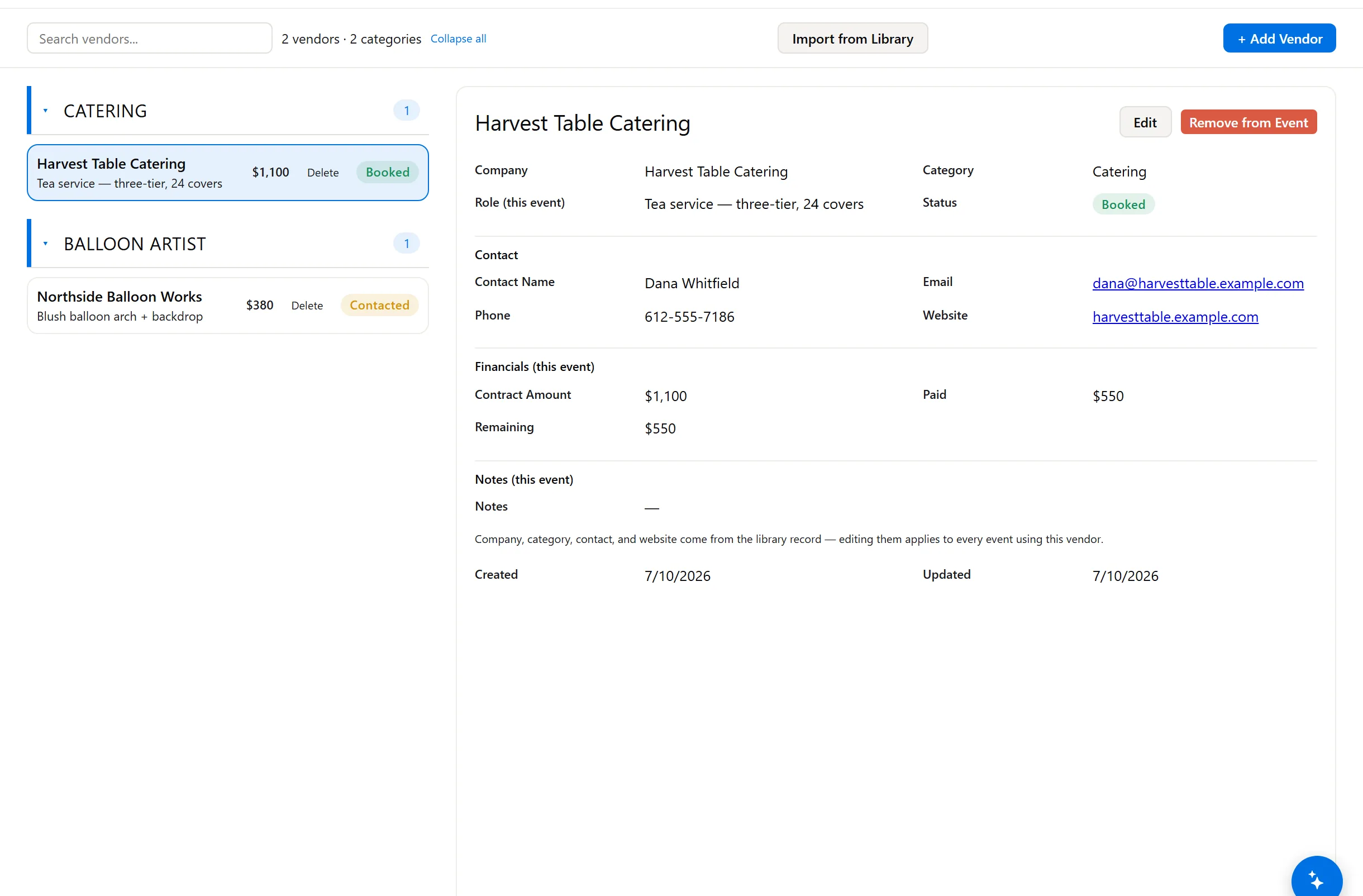 Shower vendor board with payments tracked