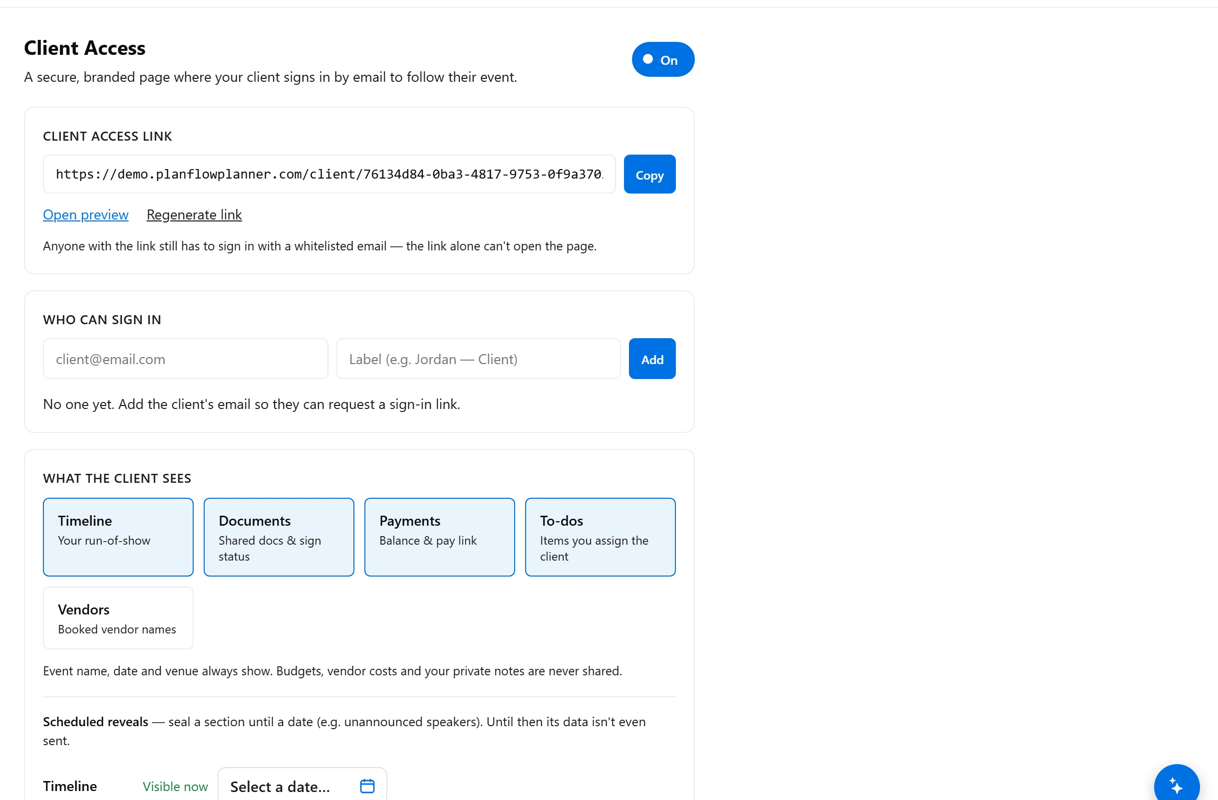 Client Access — the secure branded client page showing timeline, documents with sign status, payment balance, and client to-dos