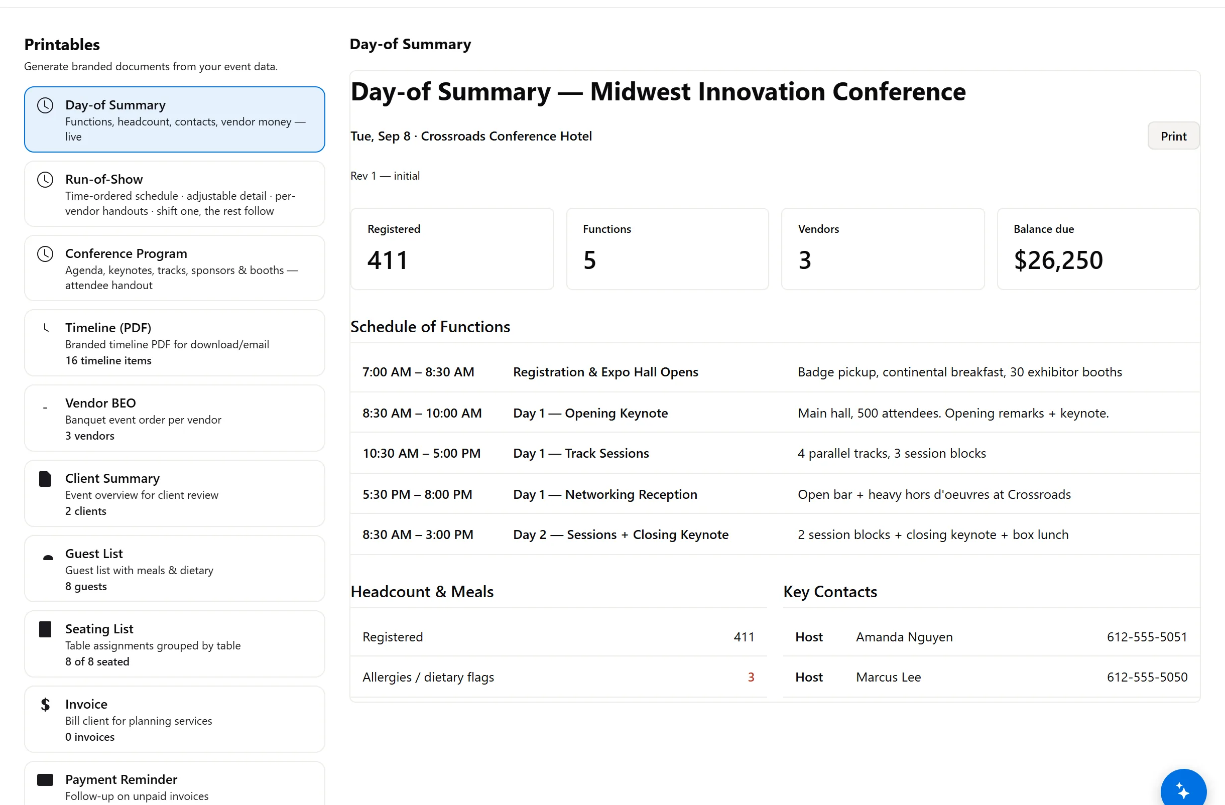 Printables — branded documents generated from live event data: Day-of Summary, run-of-show, vendor BEOs, guest and seating lists, invoices