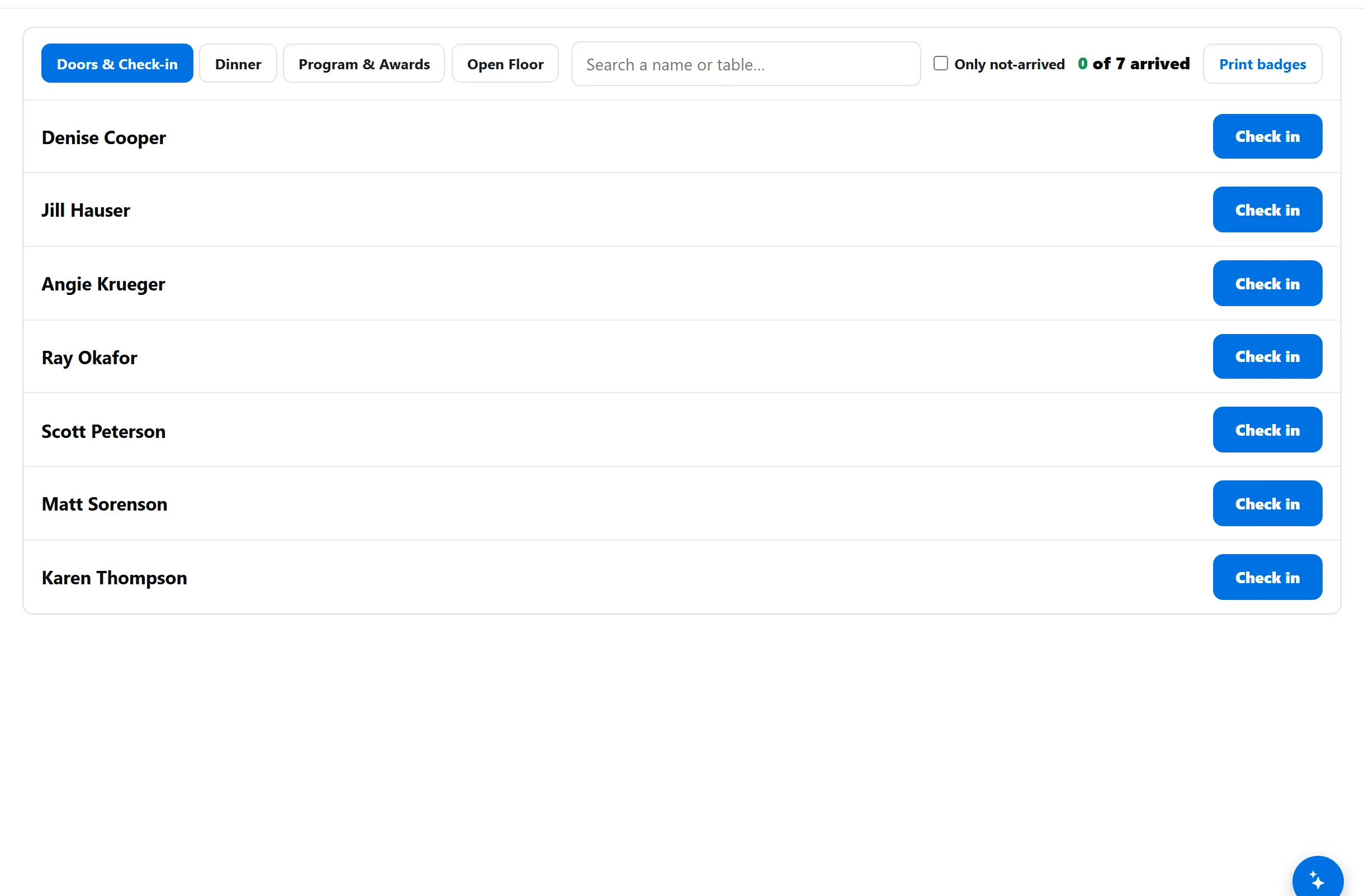 Reunion night check-in screen