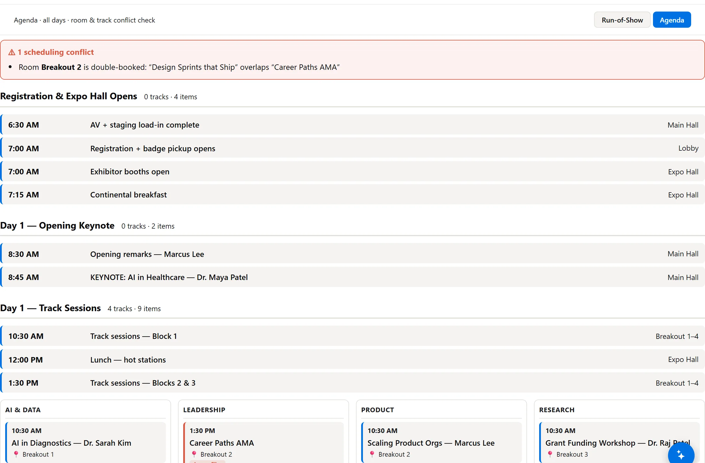 Multi-track conference agenda with a double-booking conflict flagged