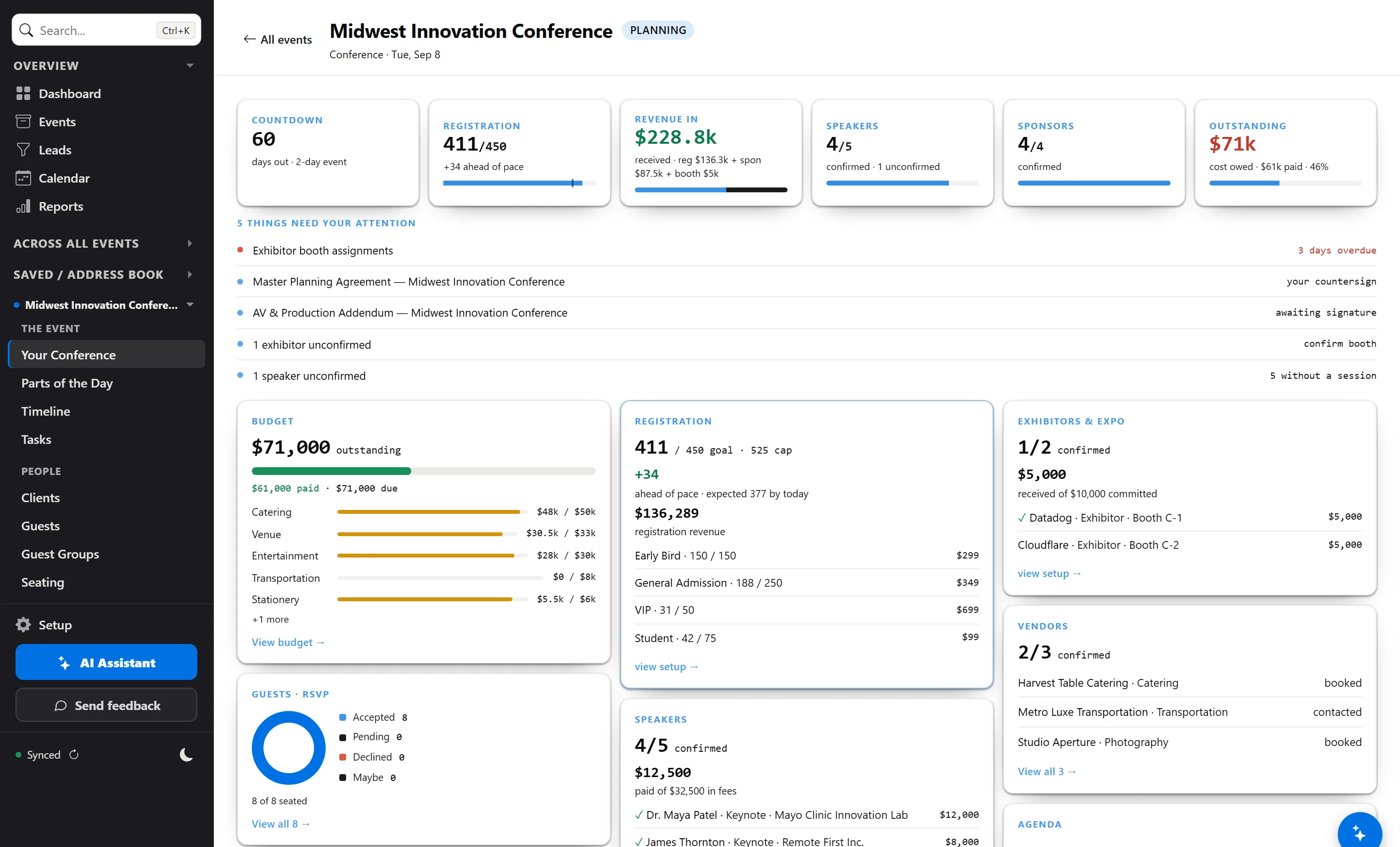Conference cockpit — registration, budget, and schedule in one view