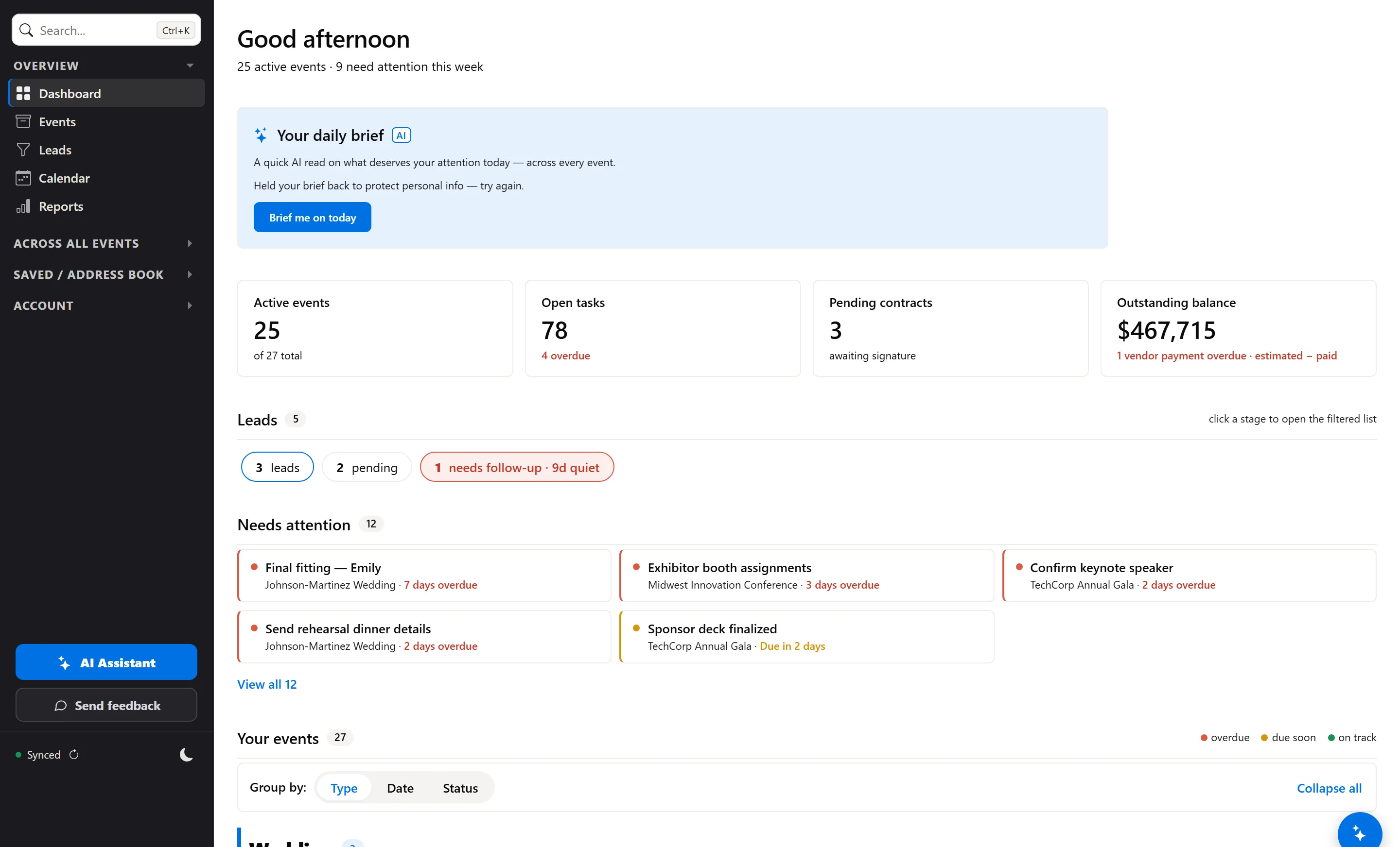 The multi-event dashboard — dozens of active events grouped by type, needs-attention list, budgets and countdowns