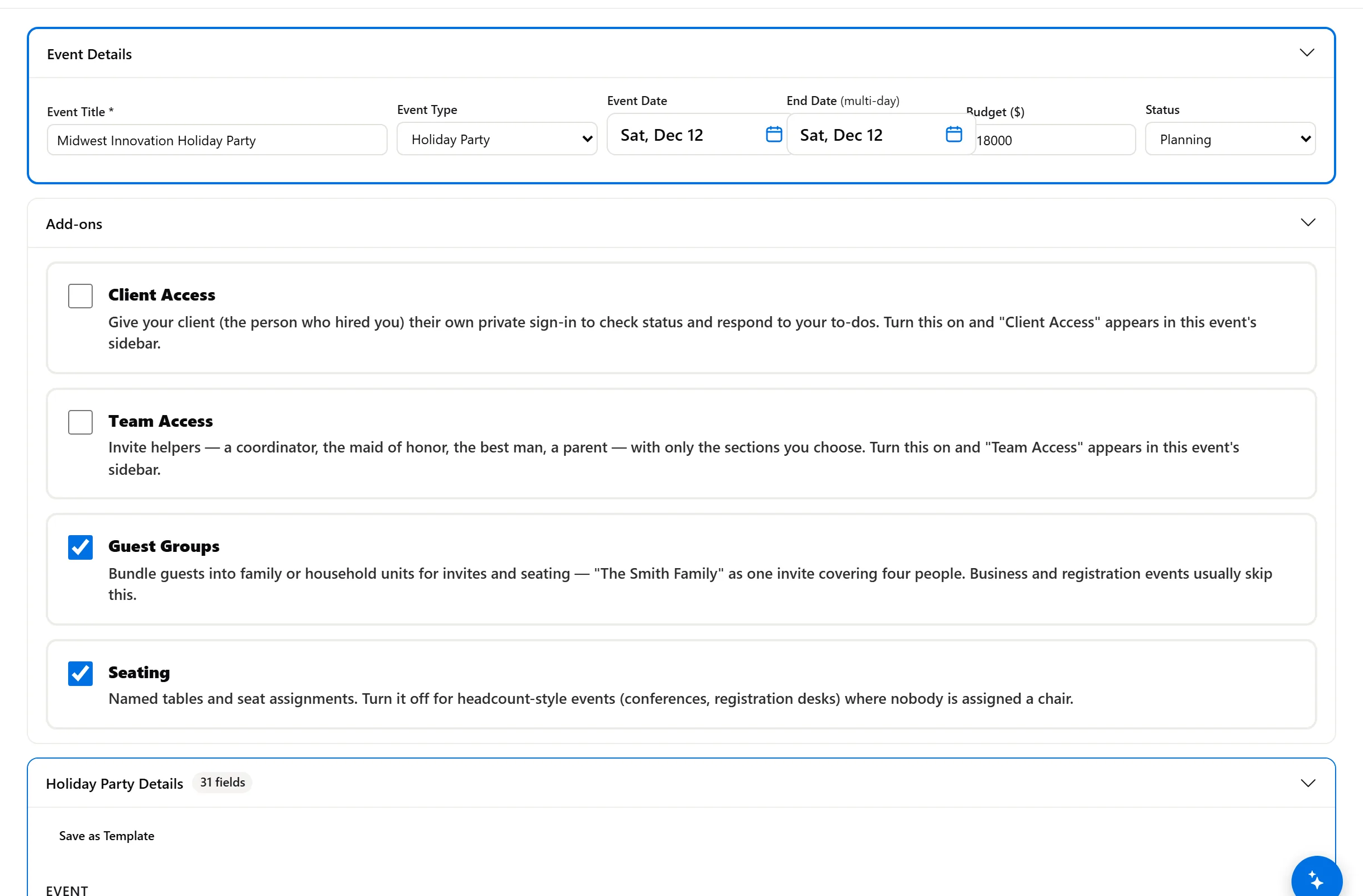 Corporate event type picker — one plankit, every occasion