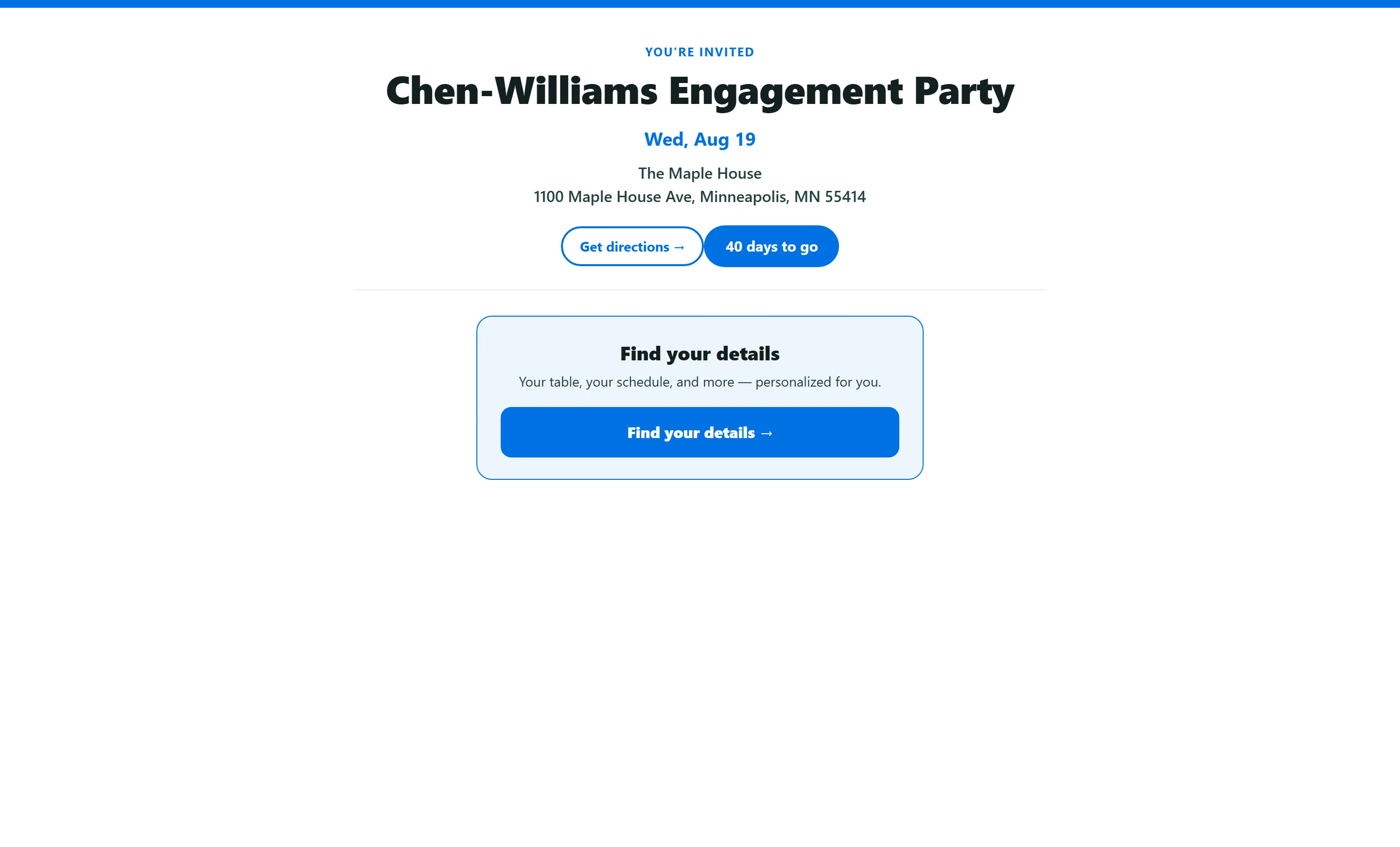 Engagement party page guests open to RSVP