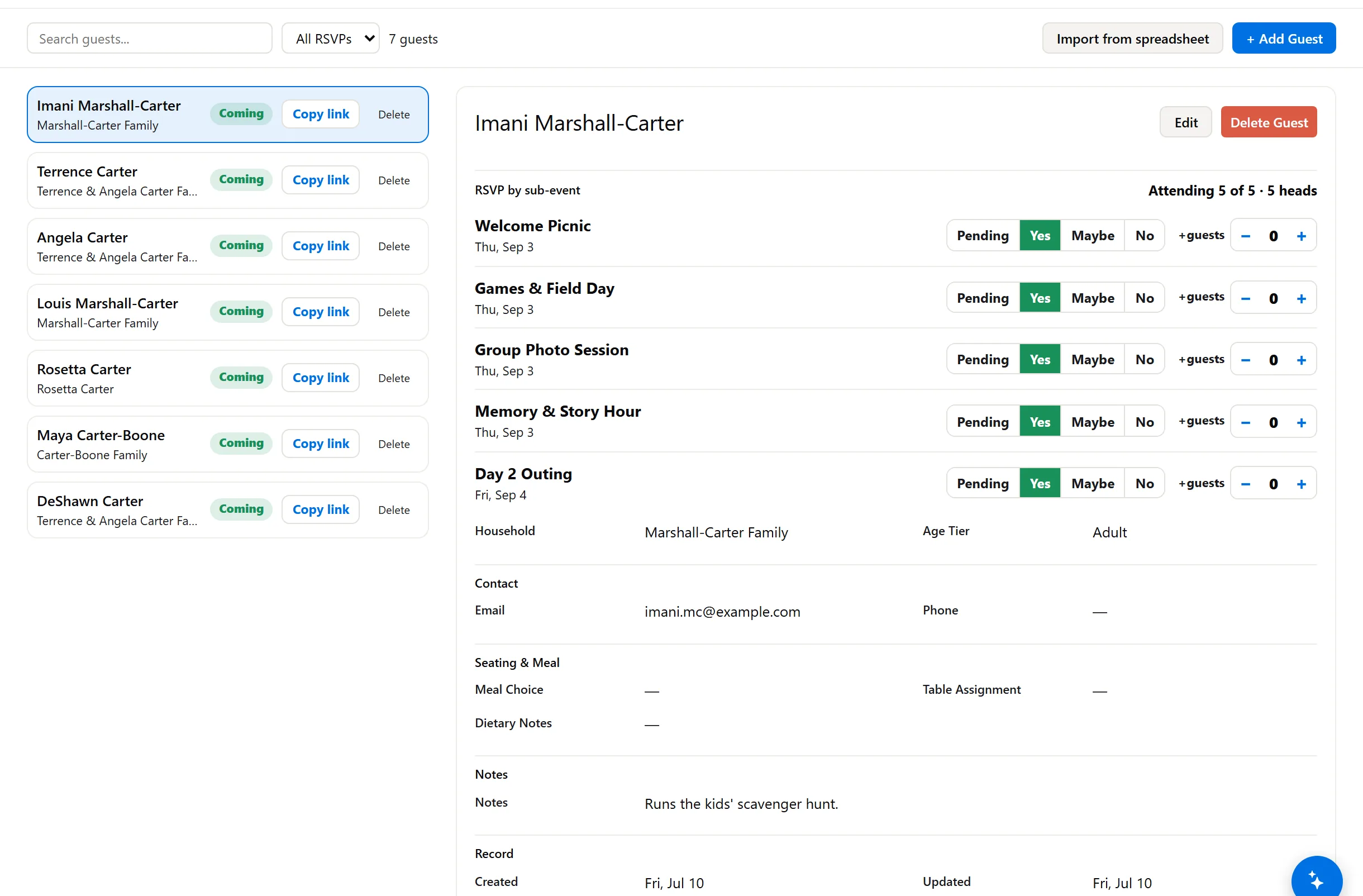 Guest list with per-part RSVPs