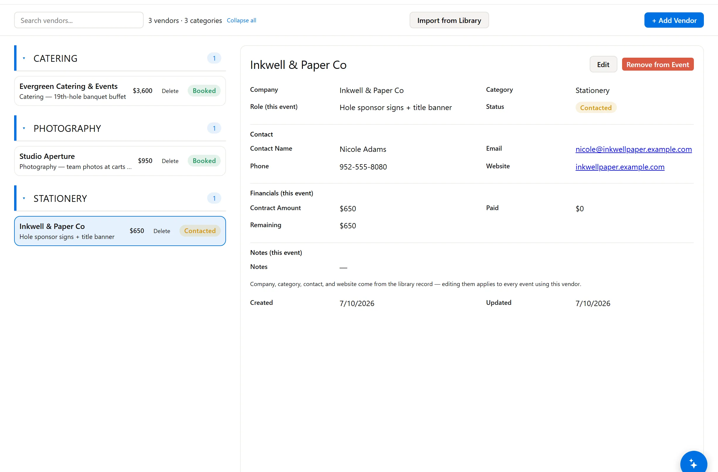 Outing vendor board with payments tracked