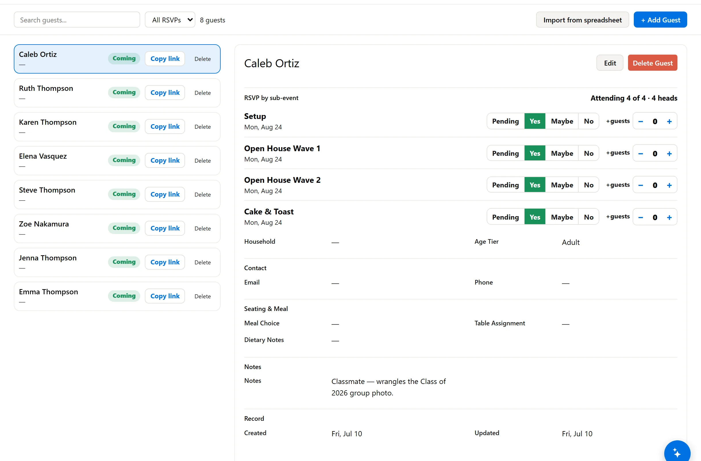 Guest list with per-wave RSVPs