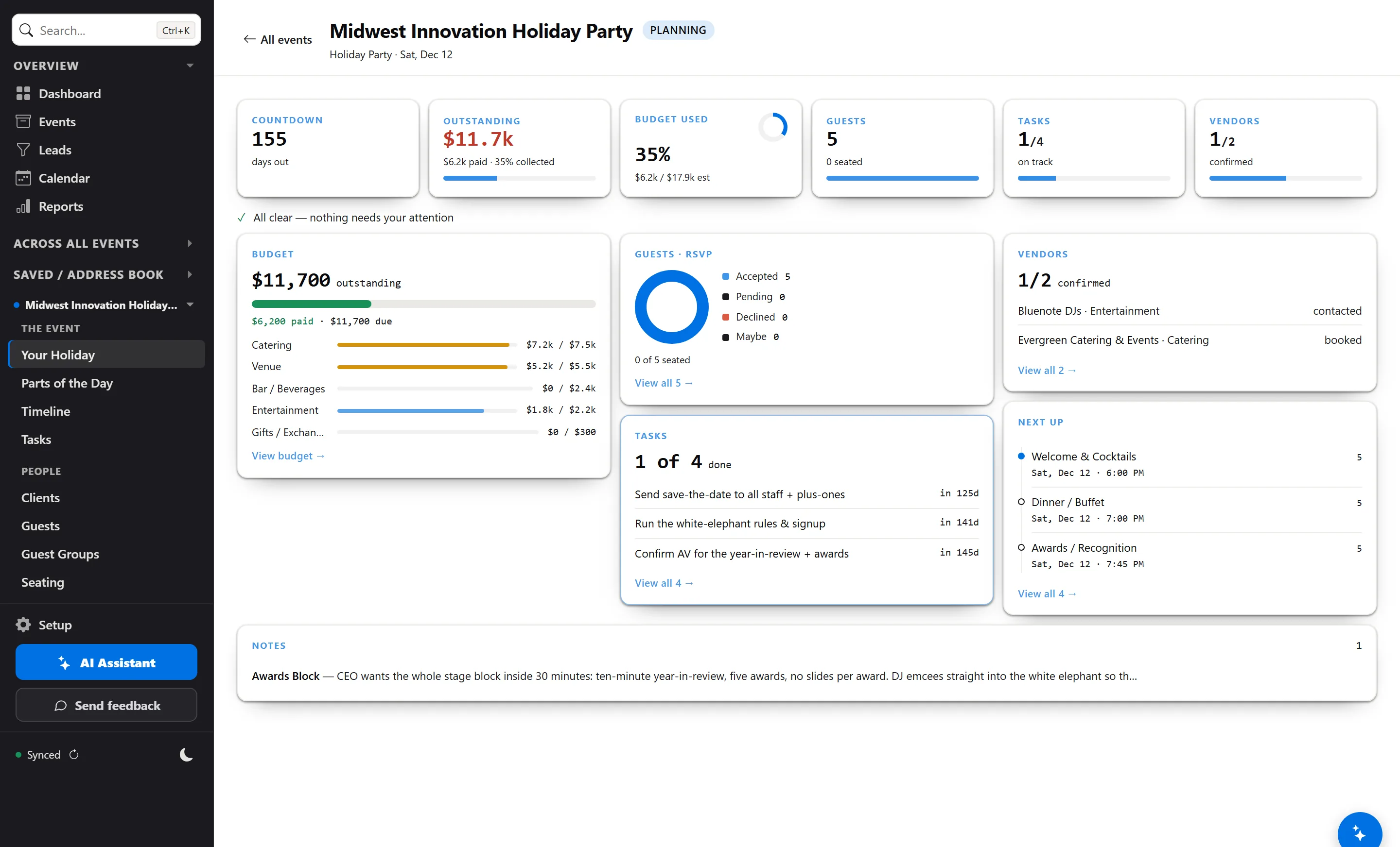 The PlanFlow holiday party cockpit — 155-day countdown, all five RSVPs in, the white-elephant task, and the CEO's awards-block note