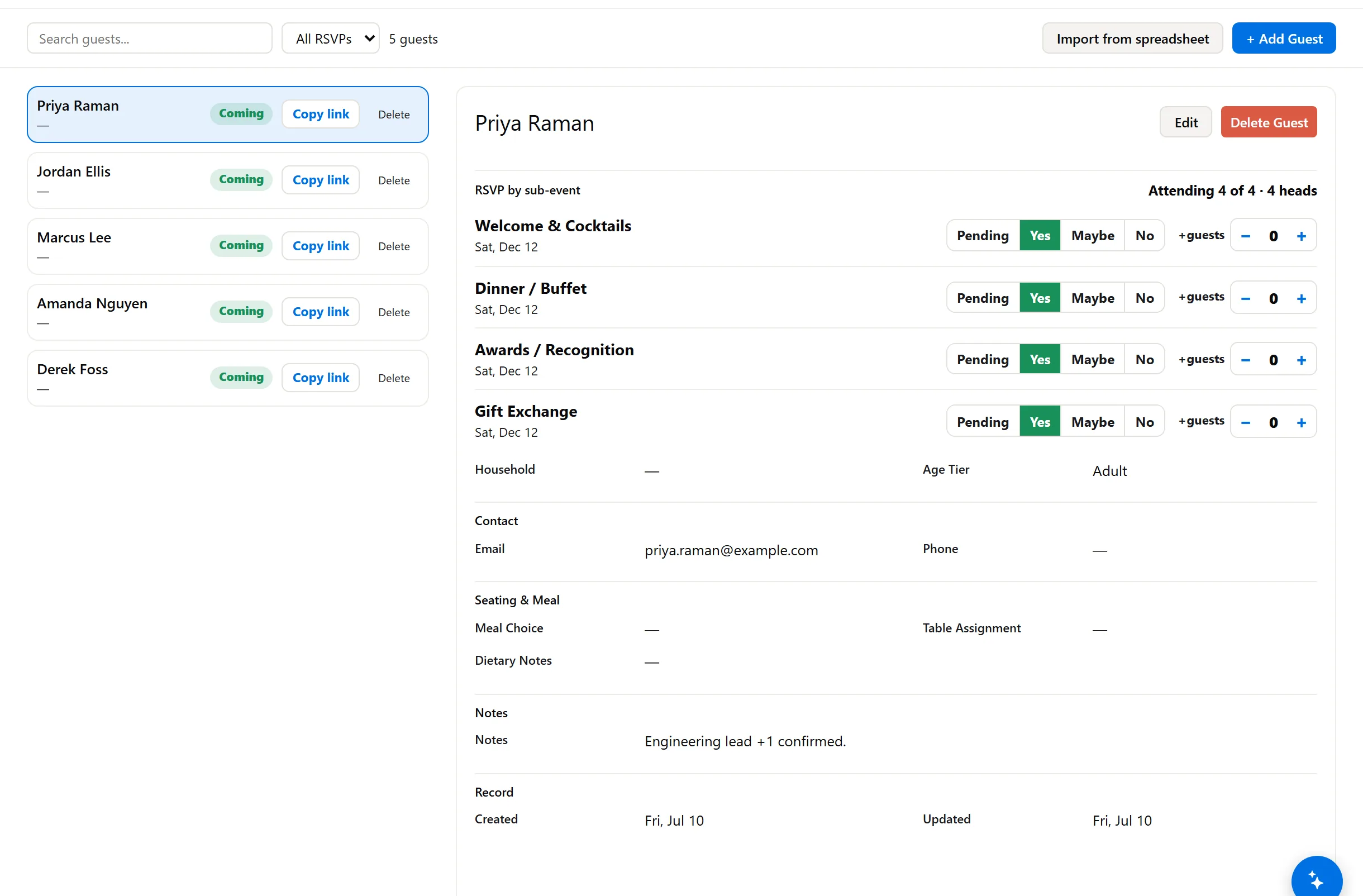 Guest list with per-act RSVPs