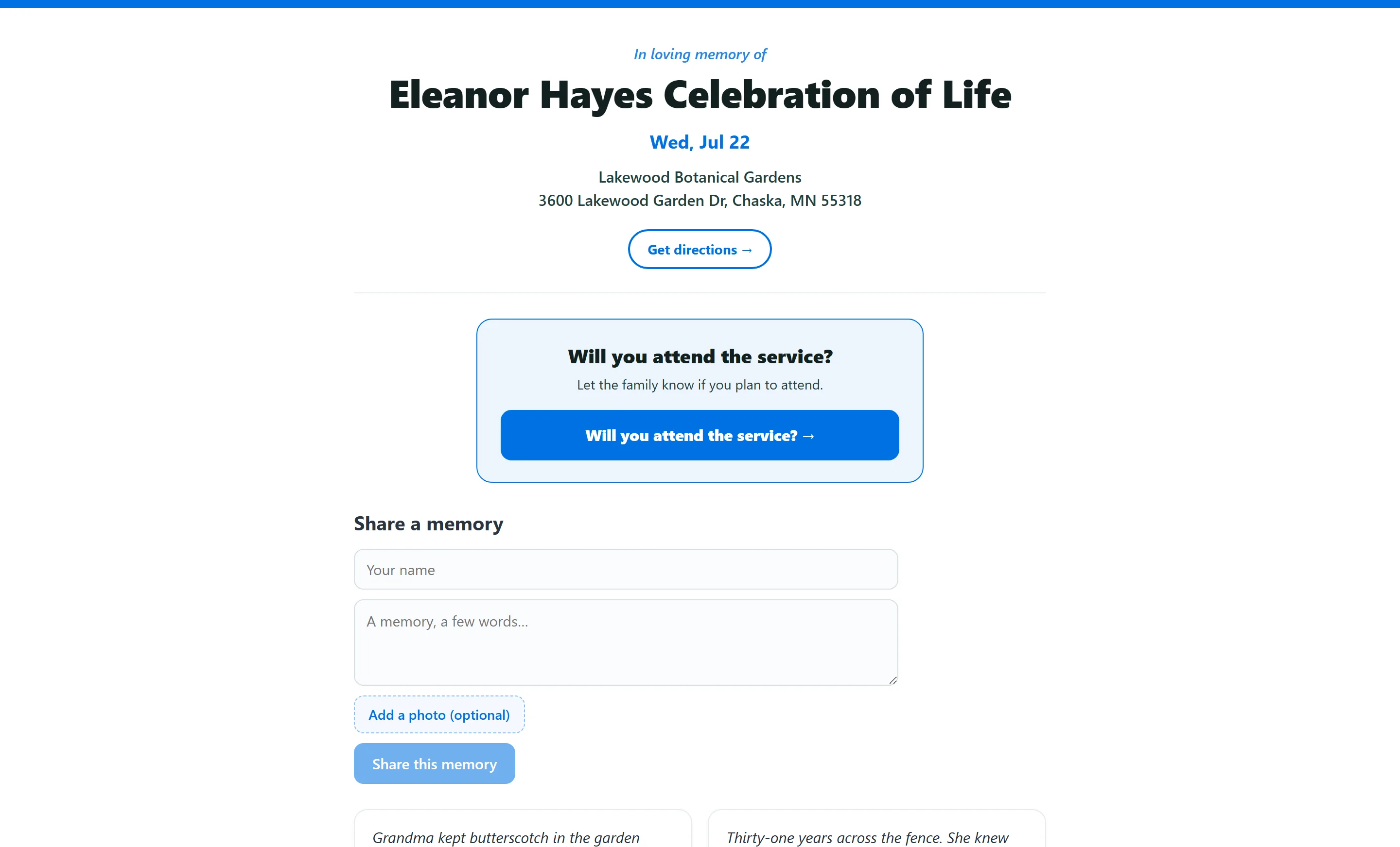 The public memorial page — In loving memory of, the date, the garden venue with directions, and Will you attend the service