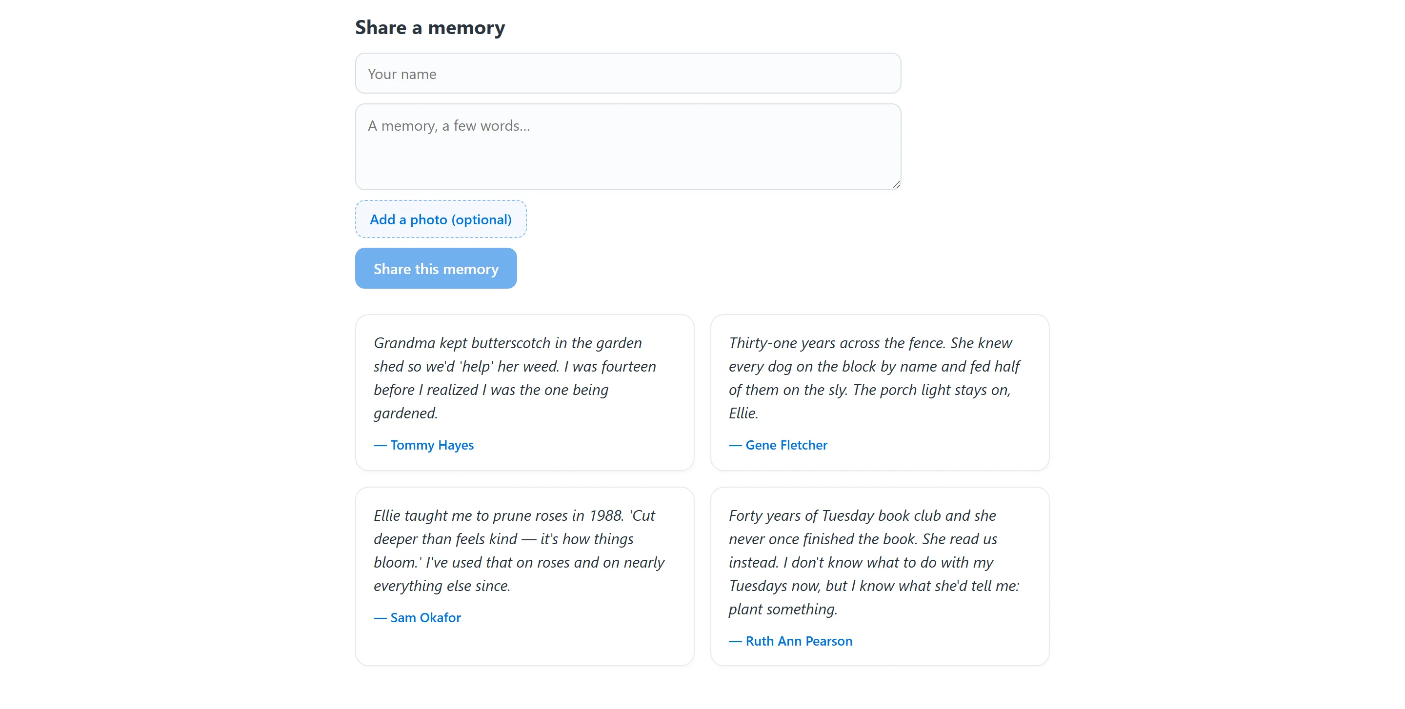 The memorial wall on the public page — a share-a-memory form and four approved memories, each signed by the person who left it