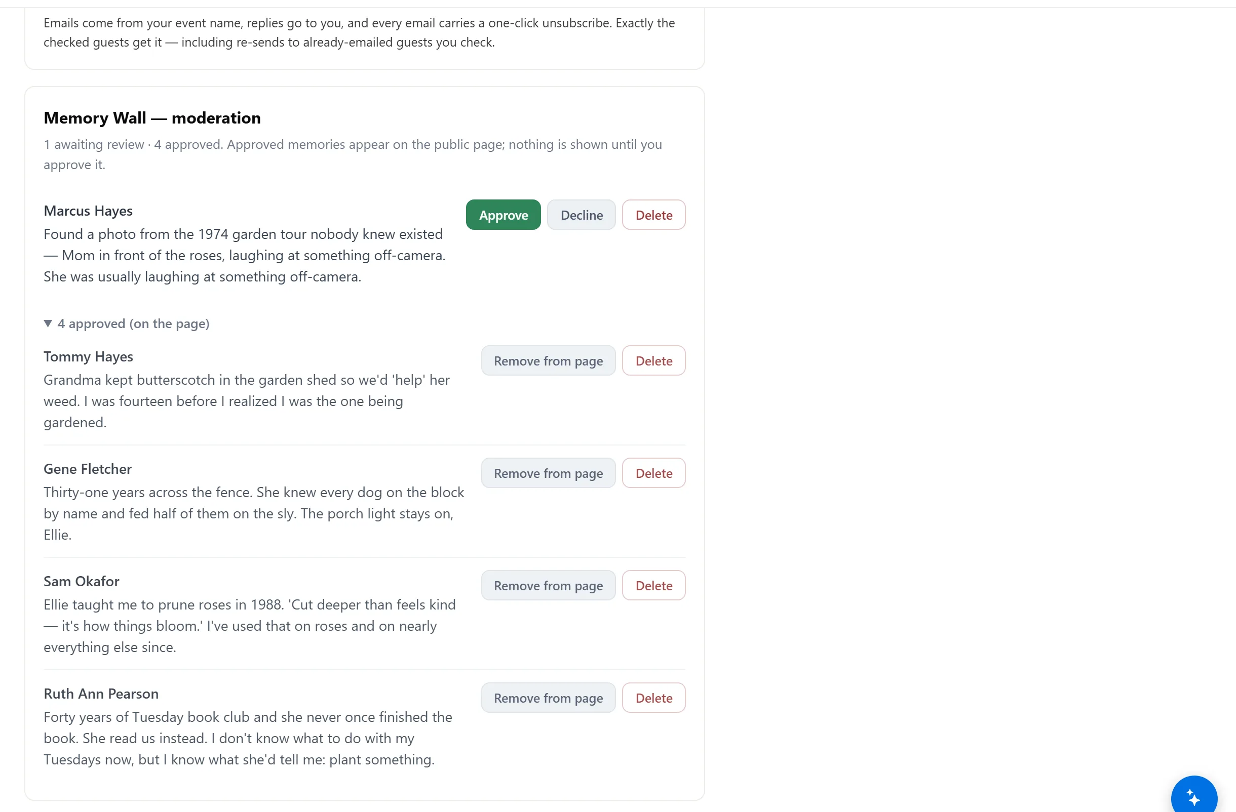 Memory wall moderation — one memory awaiting review with Approve and Decline, four approved on the page