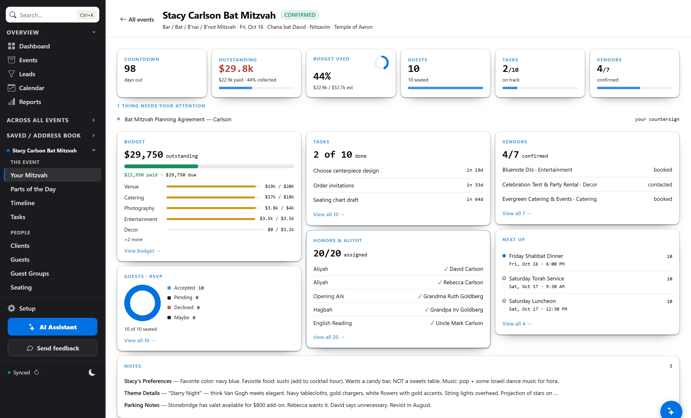 The PlanFlow mitzvah cockpit — countdown, budget, RSVP tracker, tasks, vendors, and the weekend timeline in one view