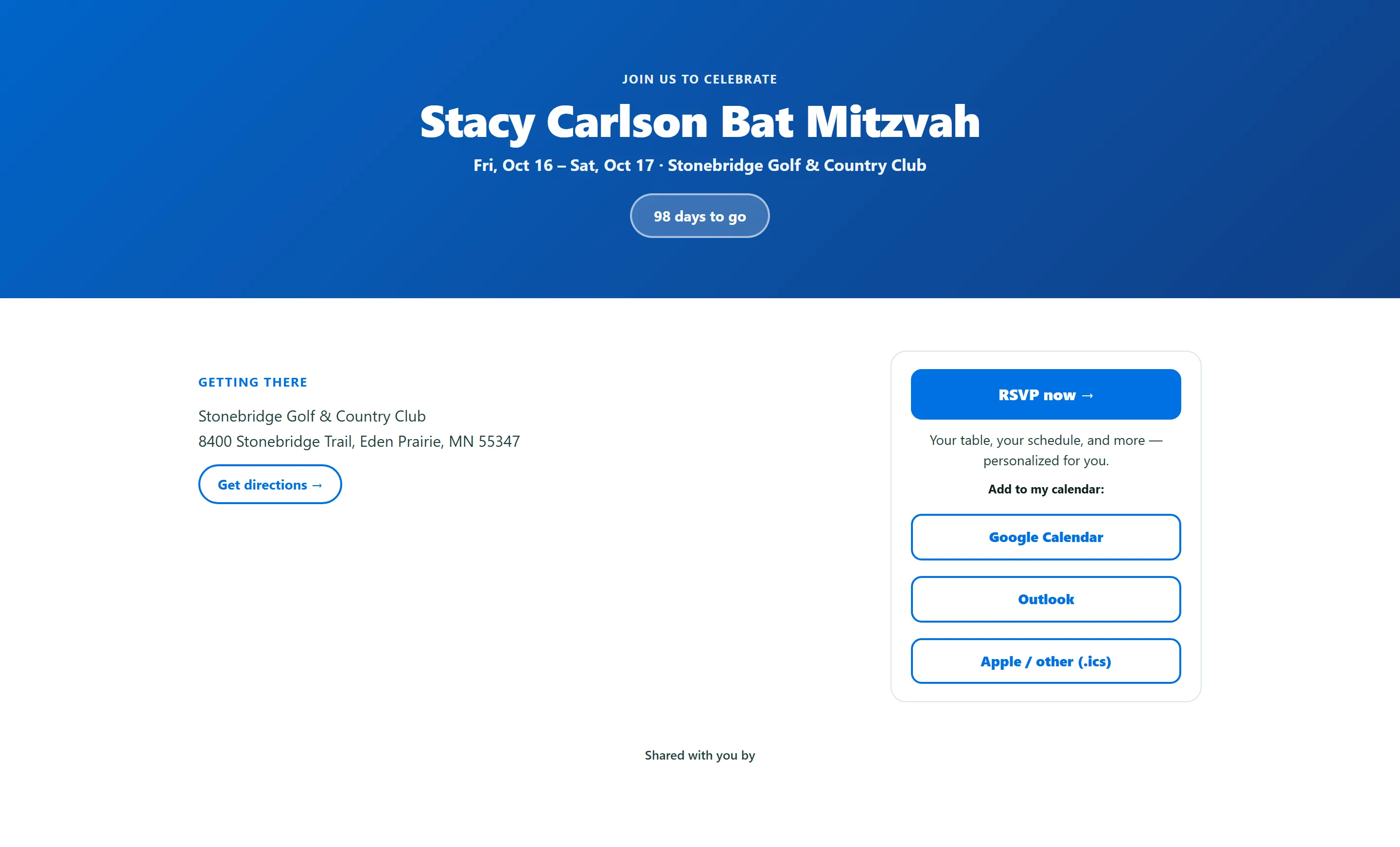 Mitzvah RSVP page guests open from a personal link