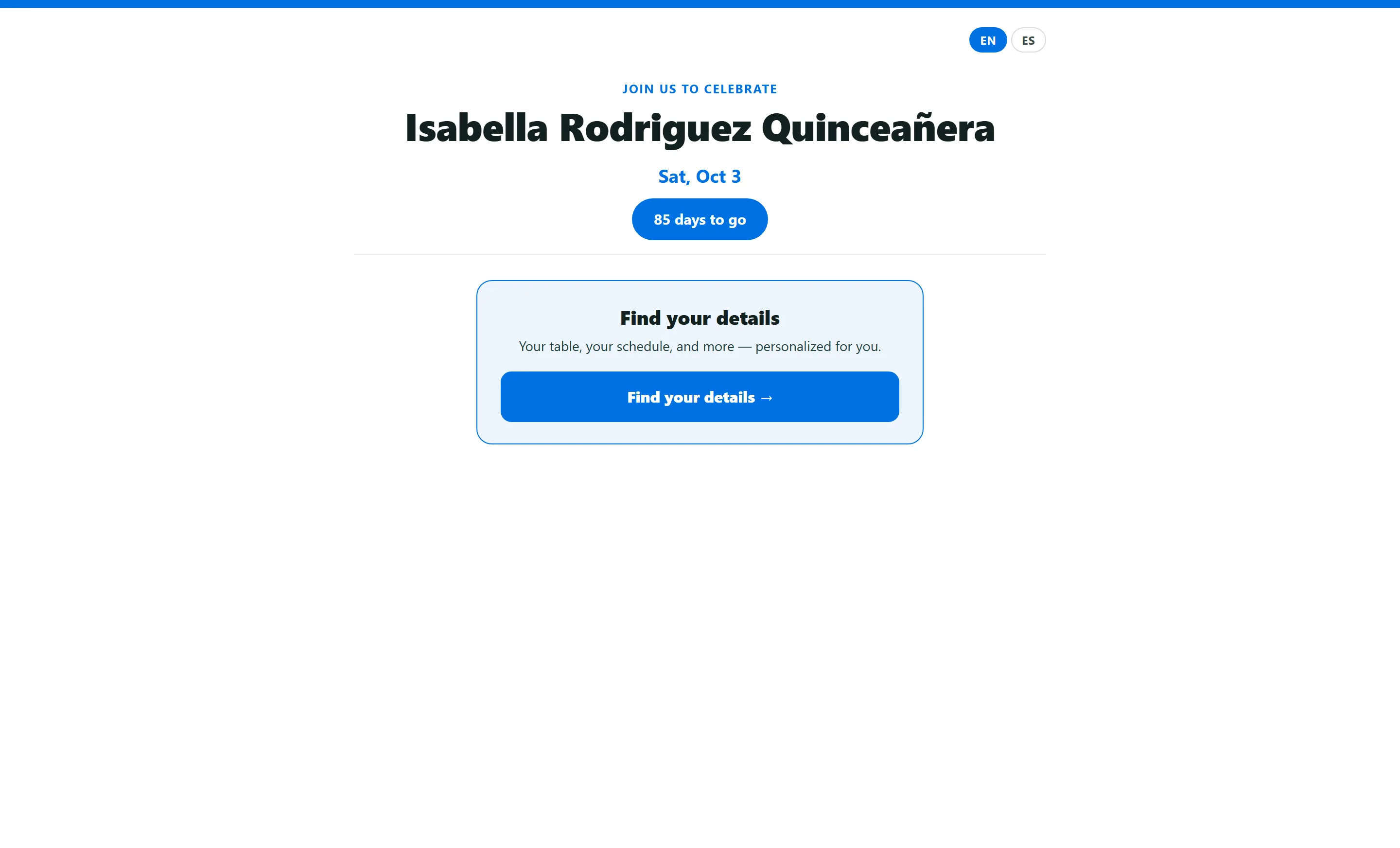 The public quinceañera guest page — one tap-a-link page, no app required