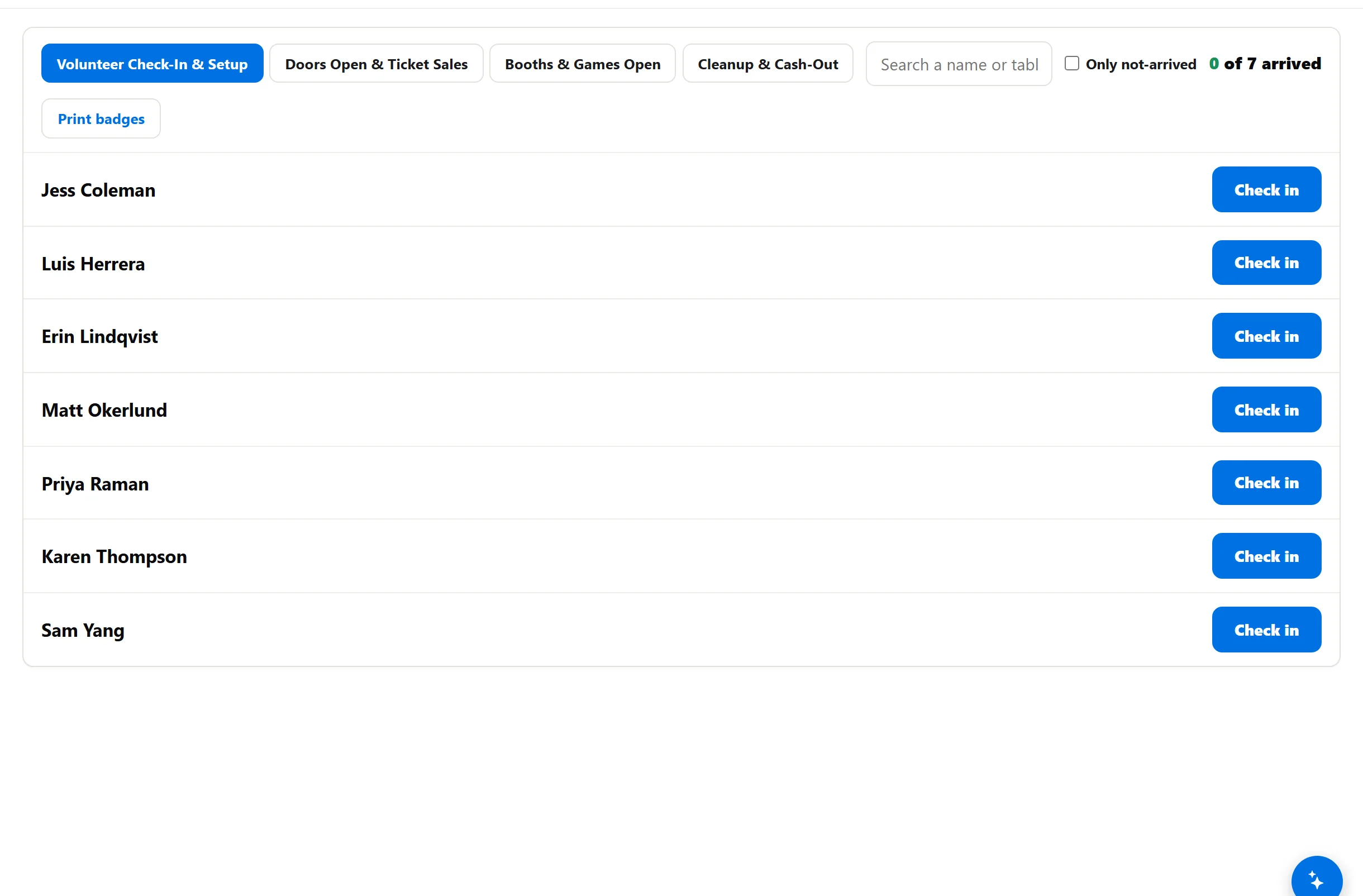 Volunteer shift check-in screen
