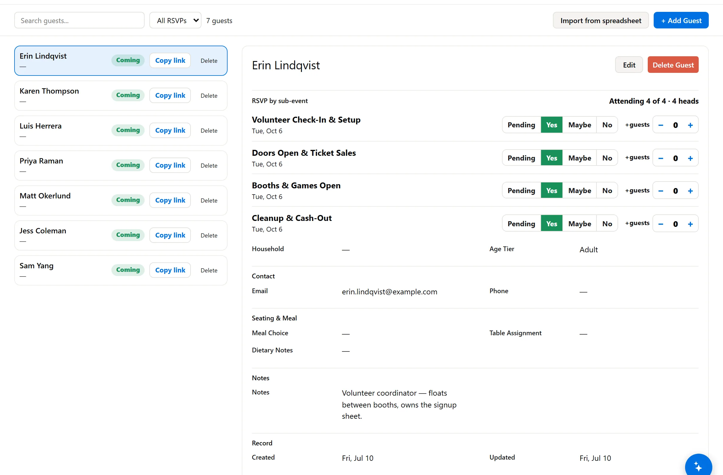 Volunteer crew list with shift RSVPs