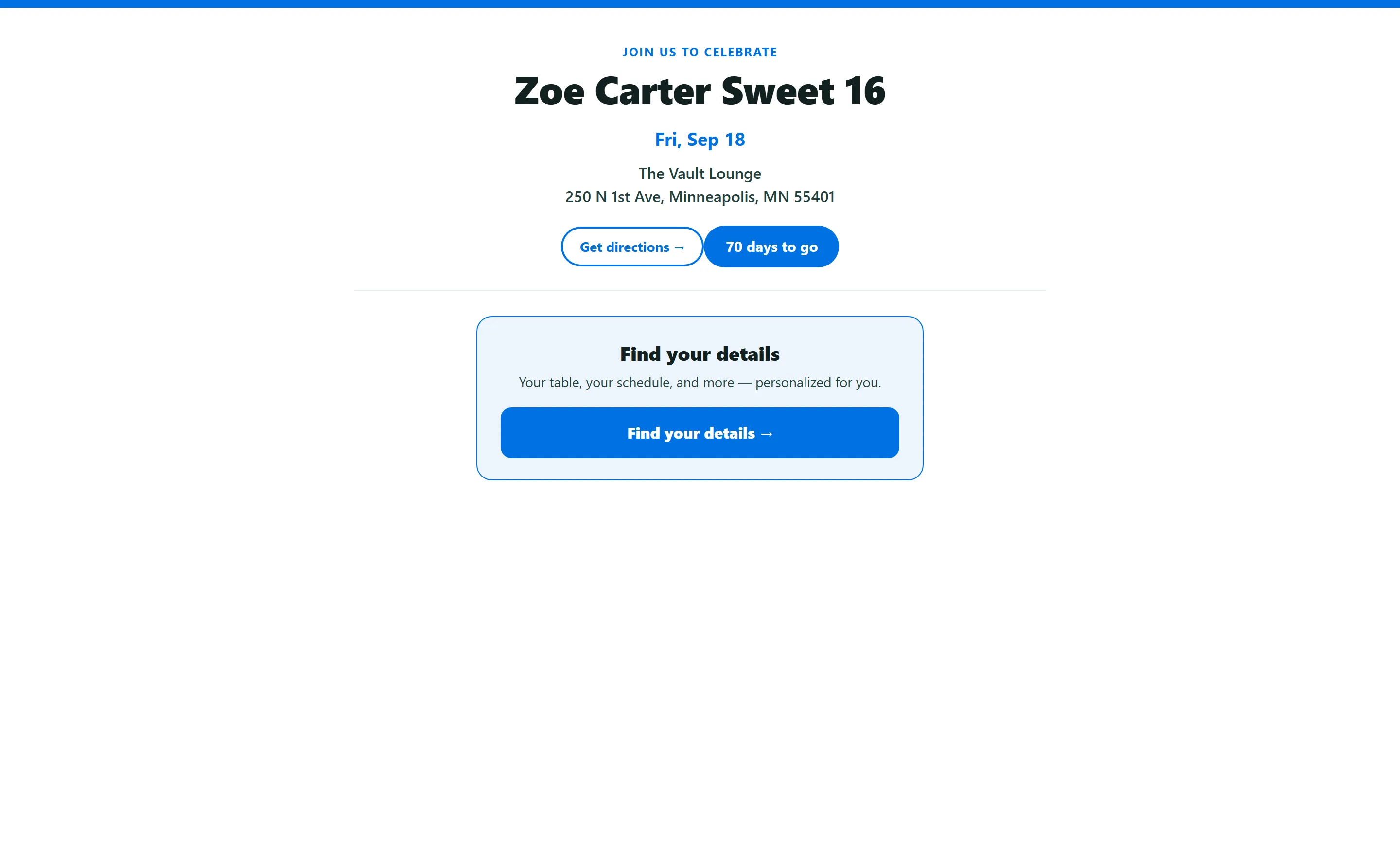 Sweet 16 party page guests open to RSVP