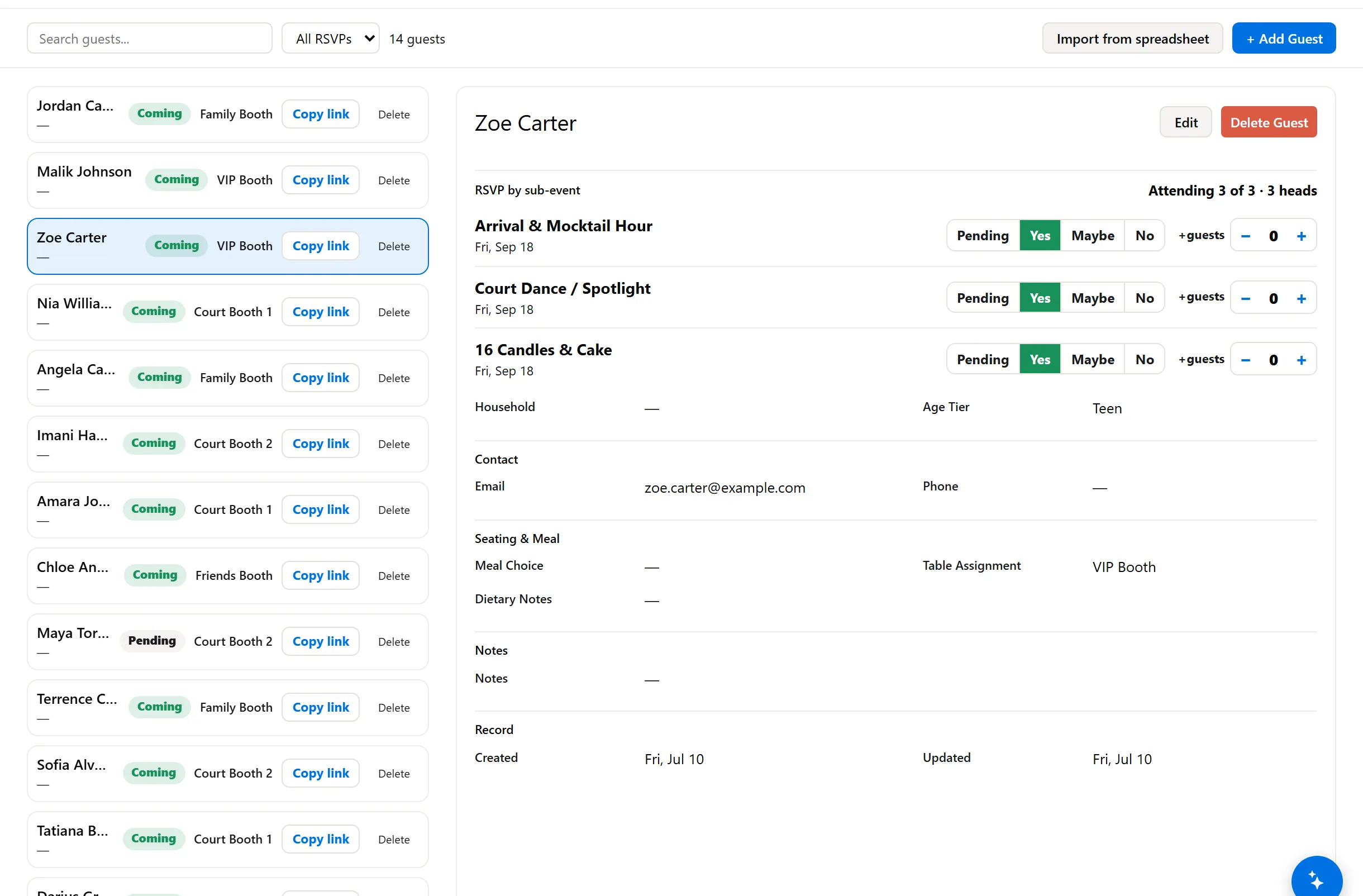 Sweet 16 guest list with RSVP tracking