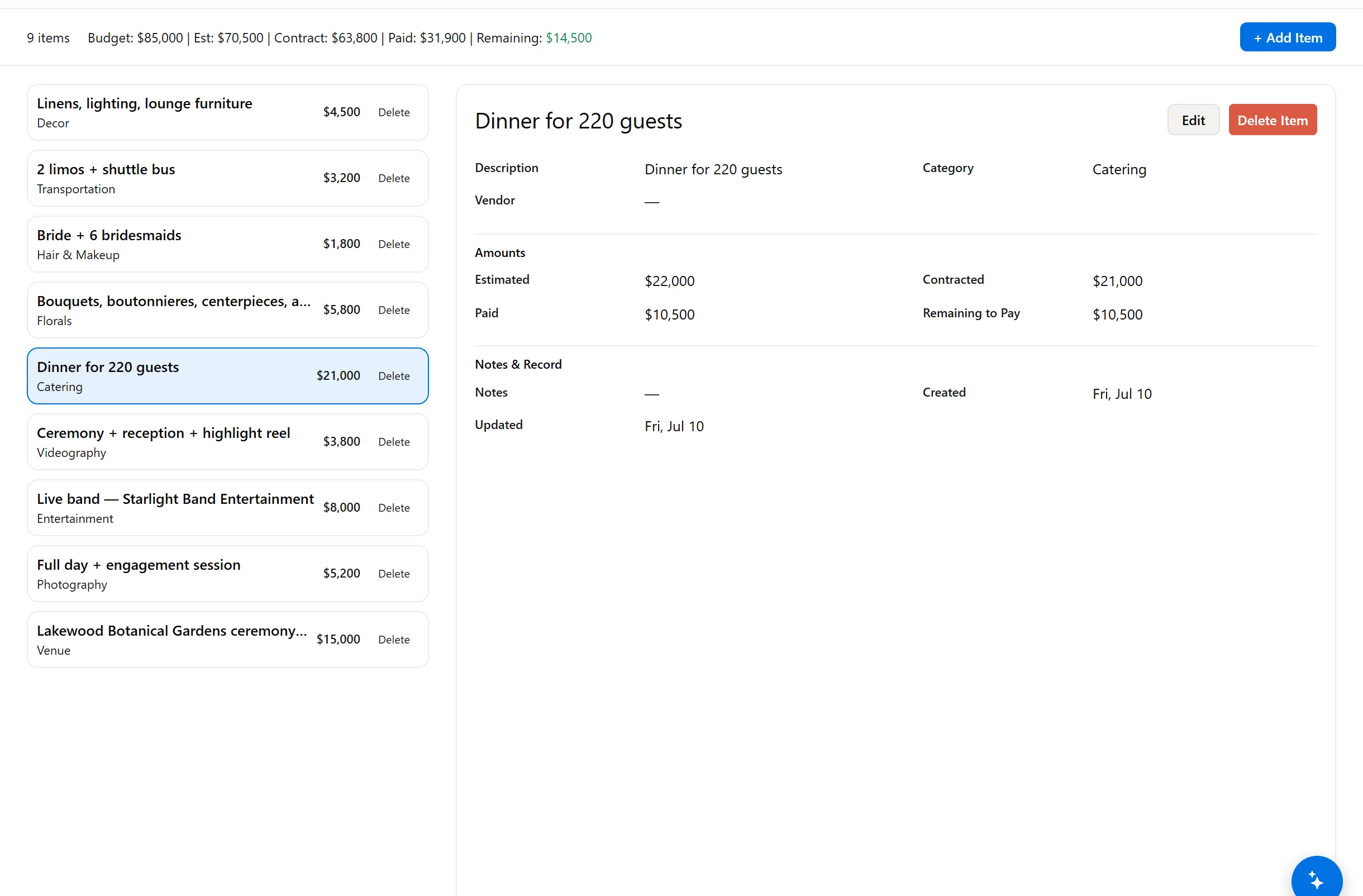 Wedding budget, planned versus paid per vendor