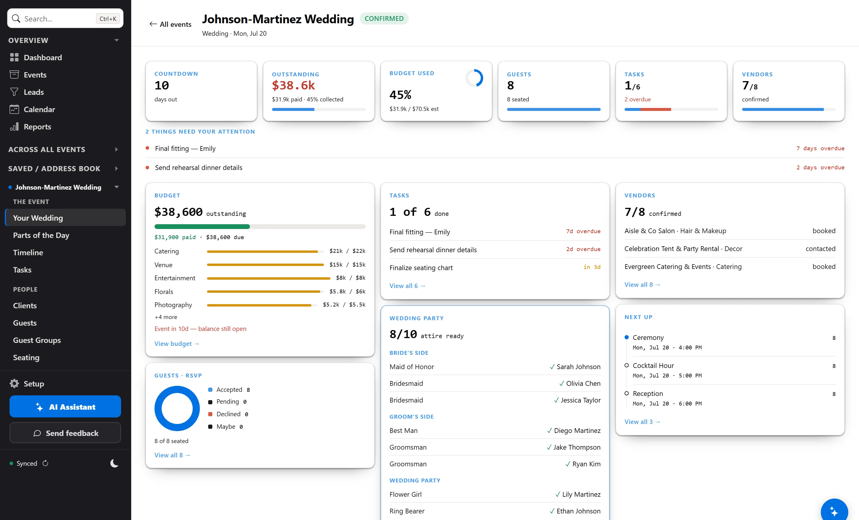 The PlanFlow event cockpit — a live wedding ten days out: countdown, budget paid-vs-due, guest RSVPs, seating, tasks, and vendors on one screen