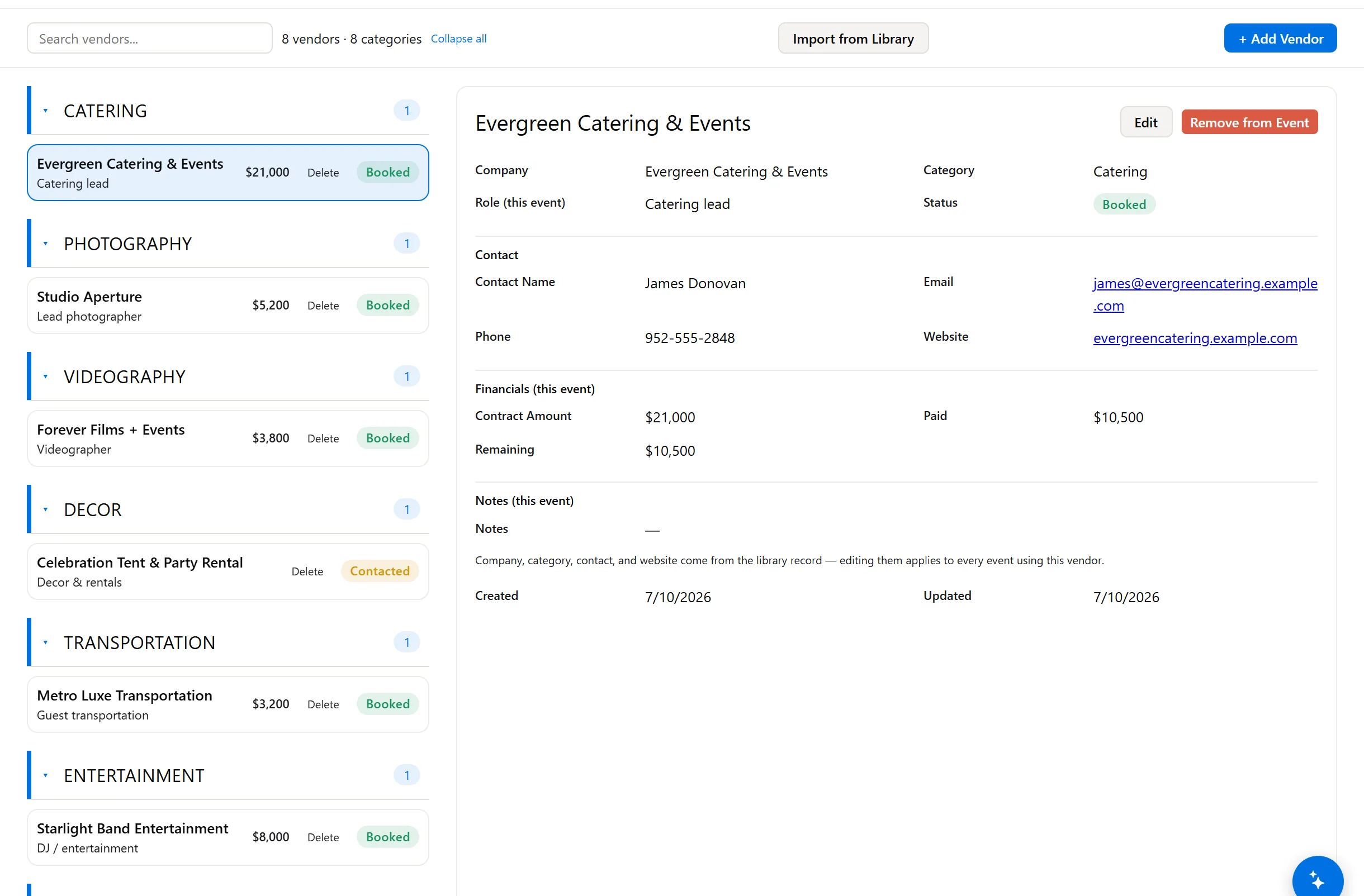 Wedding vendor board with contracts and payments